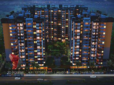 3d night view high-rise building